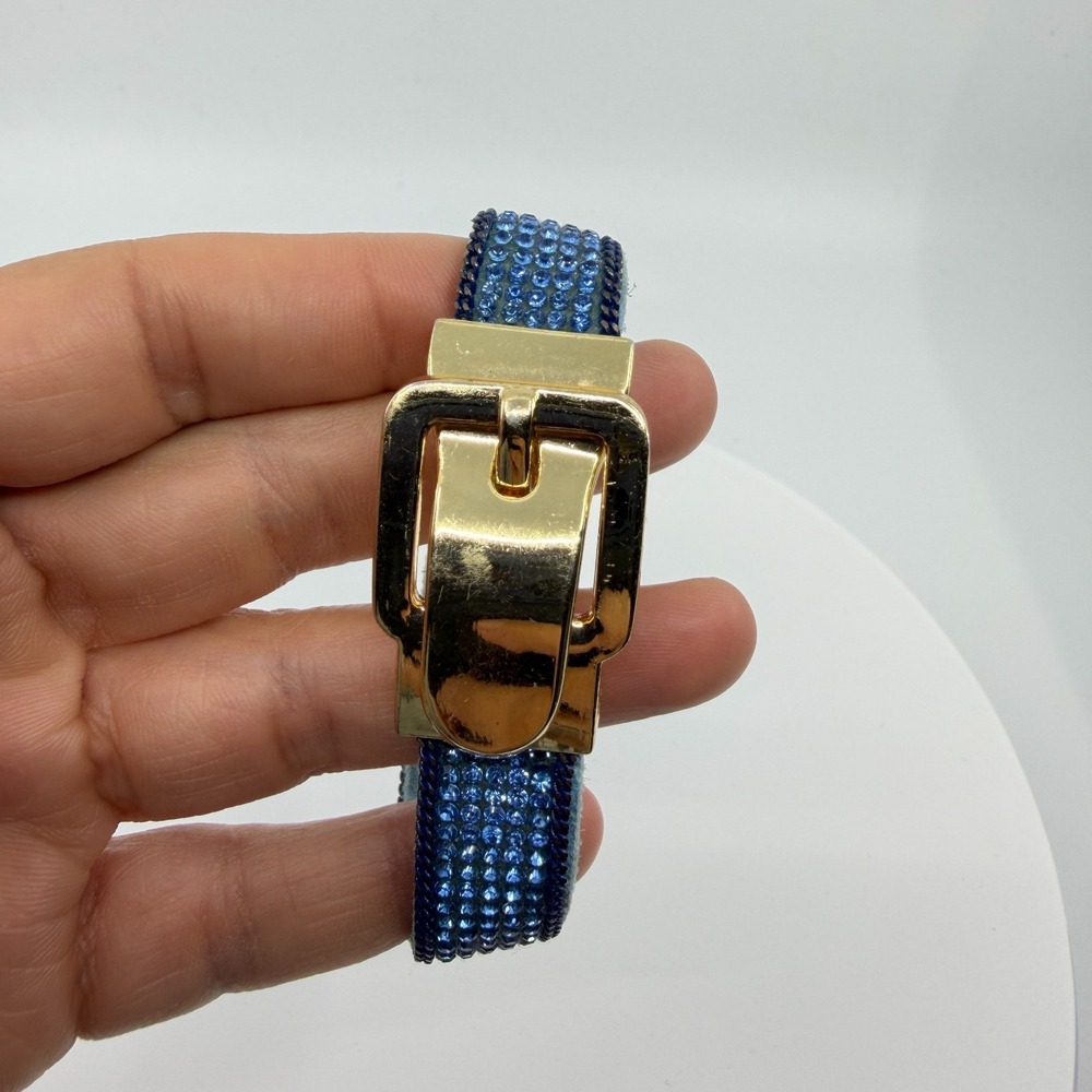 Blue Crystal Rhinestone Belt Style Bracelet Gold Tone Buckle Statement Jewelry